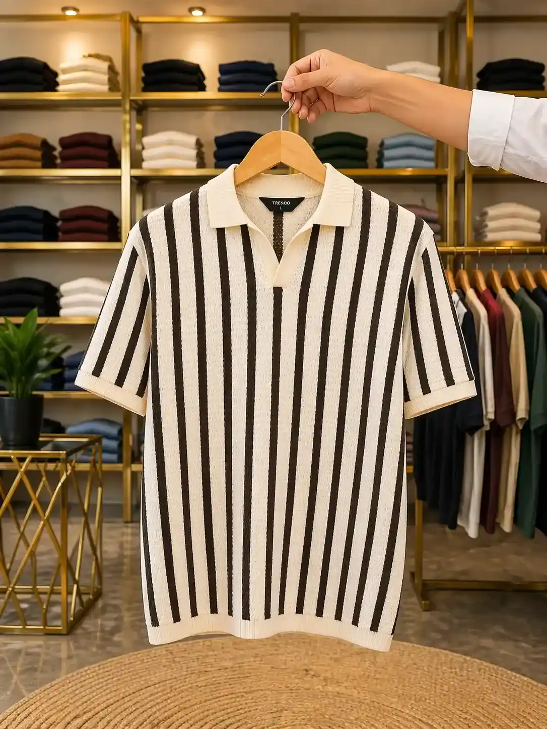 Men's Vertical Striped V-Neck Polo Shirt